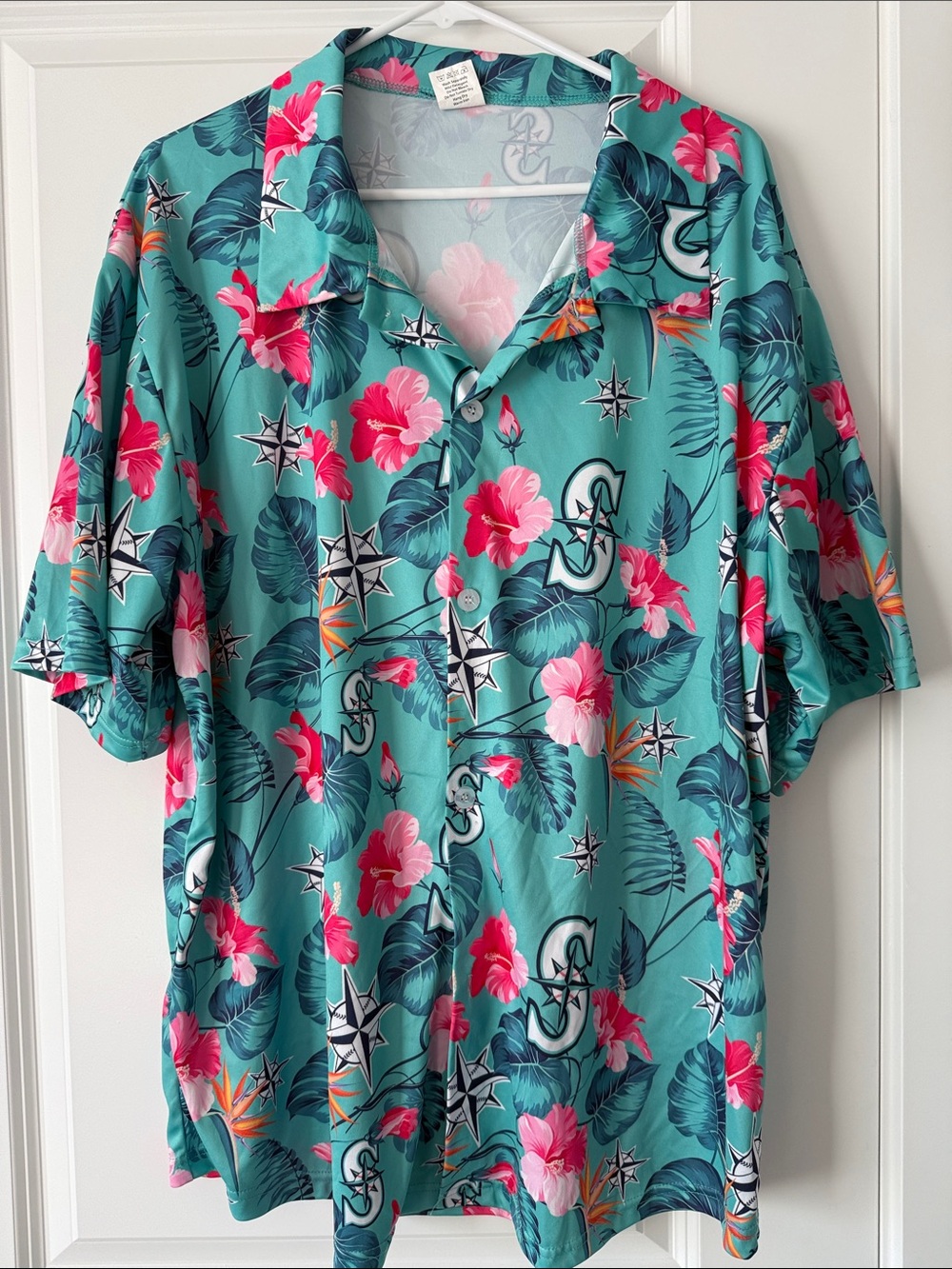 Seattle Mariners Teal Tropical Floral Short-Sleeve Button-Up Shirt